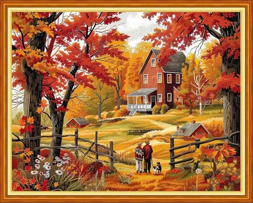 Image of Funchey Stamped Cross Stitch Kits, DIY Cross Stitch Pattern for Adults Beginners Needlepoint Kits Embroidery Kit Arts and Crafts 11CT&Autumn Scenery 16x20 inch