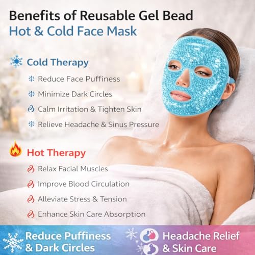 Image of Reusable Ice Gel Face Mask - Hot & Cold Therapy Full Face Pack for Puffy Eyes, Dark Circles, Headache Relief & Skin Care, Cooling Gel Facial Mask for Men & Women, Reusable Flexible Gel Ice Pack