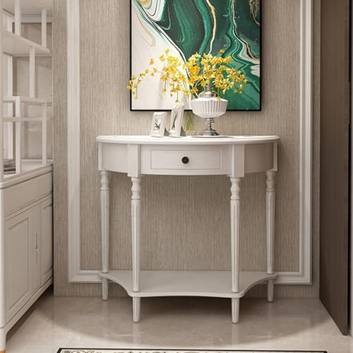 Consola de madera blanca de 60x30x80 cm con cajón y forma de media luna para entrada