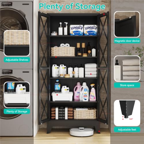 Image of Metal Storage Cabinet with Glass Doors and Adjustable Shelves | 71 inch Tall Pantry Cabinet for Kitchen Dining Room Bathroom Garage,Black,1 Pce