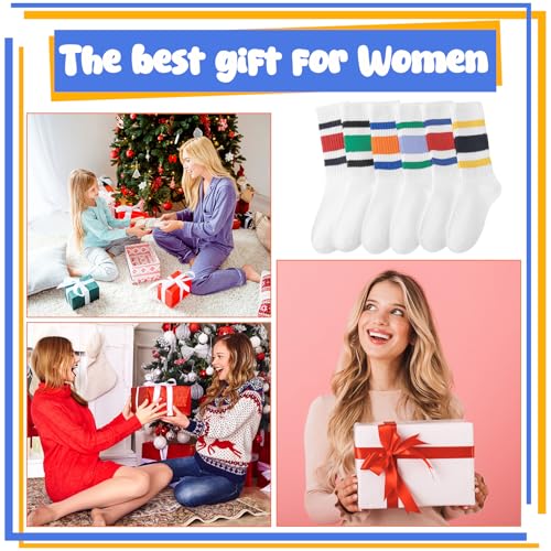 Image of Jspupifip 6 Pair Retro Striped Socks for Women Vintage Crew Soft Comfortable Fashionable Casual Vintage Crew Calf Tube Sock (White)