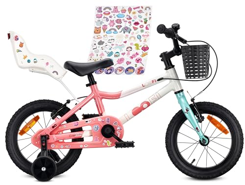 sun baby Bicicleta Infantil 14 Pulgadas LOOFI, Niña 3-5 Años, Máx 50 kg - Peso Ligero: 7,2 kg, Cuadro de Aluminio, con Asiento para muñecas, ruedines, Cesta, Timbre y Pegatinas - Blanco, Rosa y Menta