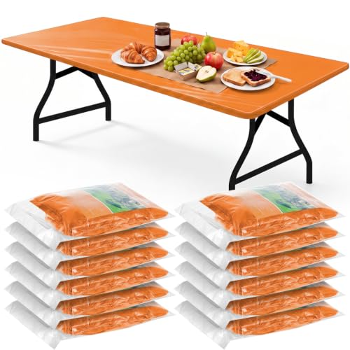 Boao 12 Plastic Elastic Fitted Tablecloths, 8 Ft, 96 x 30 Inch, Orange