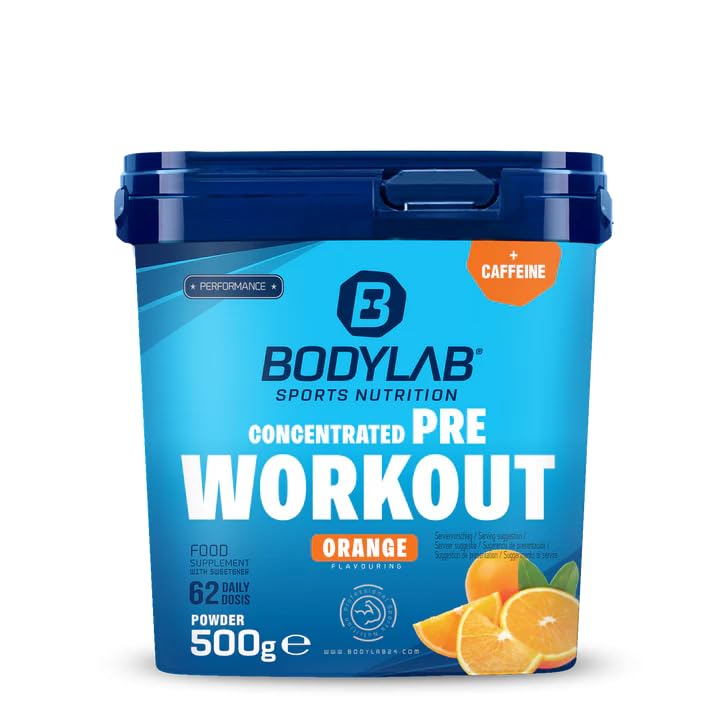 Bodylab24 Concentrated Pre Workout Orange 500g, enthält unter anderem Kreatin, Beta-Alanin, Arginin, Niacin und Koffein, bewährte All-In-One-Formel fürs Training