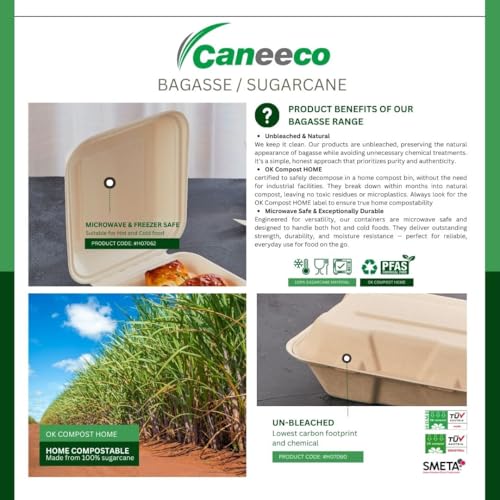 Caneeco 50-Pack Bagasse Sugarcane Burger Takeaway Boxes – 6"x6" Clamshell Containers, PFAS Free, TUV Home Compostable Certified Food Boxes for Hot & Cold Meals, Restaurants, Parties & Catering - Image 4