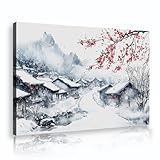 冬の雪の赤い梅の花キャンバスウォールアート日本の村の風景壁ポスターリビングルームラウンジ書斎の家の装飾20x28cmインナーフレーム