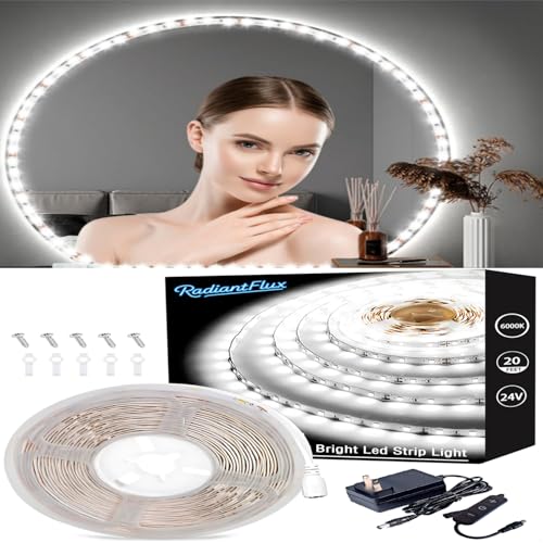 Image of 20ft /6M Led Vanity Mirror Lights Kit Vanity Make-up Mirror Full Length Mirror Cloakroom Adjustable Flexible Strip Light Table Set with Dimmer & Power Supply Mirror Decor Mirror Not Included