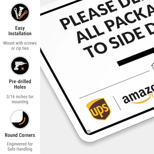 Image of Package Delivery Sign, Delivery Instructions Deliver All Package to Side Door Right Arrow Sign, 10x7 Inches, Rust Free .040 Aluminum, Fade Resistant, Made in USA