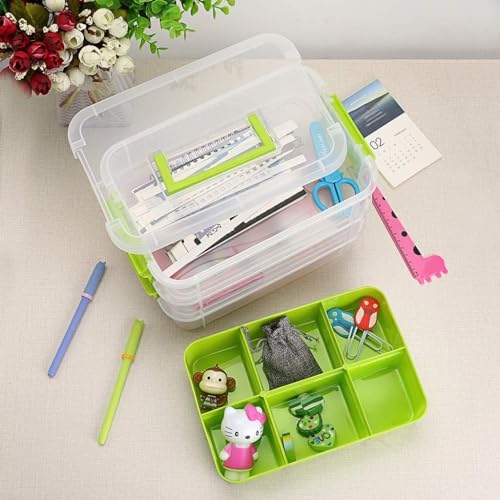 Image of plastic boxes for Storage transparent boxes for storage, Portable & Stackable Space Saving Organiser with Lid for Medicine, Jewelry, Arts & Crafts, Buttons, Beads (Green, 2 TIER WITH 1 TRAY)