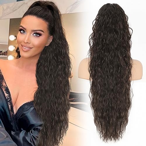 Kookastyle Ponytail Extension, Drawstring Ponytail Curly Extensions Natural Wavy Long Wavy Ponytail Hair Extensions Clip-On Synthetic Hairpieces For Women And Girls (30 Inch, Dark Brown) #TOP11