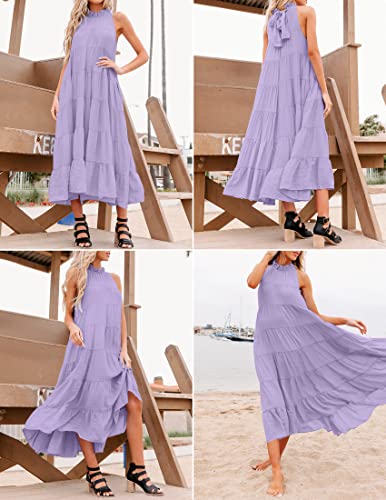 Image of HAEOF Women's Summer Sleeveless Halter Midi Maxi Dress Casual Loose Fit Pleated Tiered Flowy Beach Vacation Long Sundress