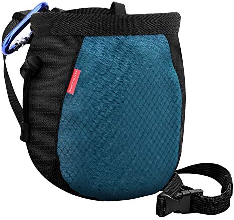 Rhino Valley Chalk Bag, No Leak Rock Climbing Strawstring Bag Drawstring Magnesia Sack with Adjustable Belt Carabiner for Gymnastics, Rock Climbing, Bouldering, Weight-Lifting - Black & Royal Blue