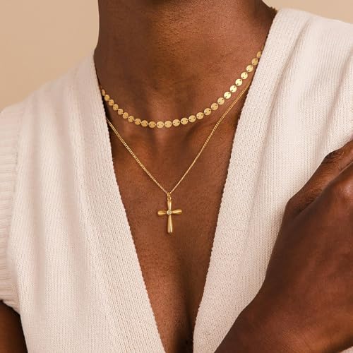 Dremmy Studios Dainty Gold Choker Necklace for Women 14K Gold Plated Coin Disc Figaro Layered Beaded Flat Mariner Sideways Cross Wishbone Link Clavicle Necklaces4