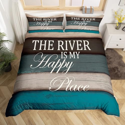 River Life Duvet Cover Queen Size,River Scenery Comforter Cover with 2 Pillowcase for Teens,Kids Blue and Brown Wood Bedding Set,Rustic Farmhouse Breathable 3 Pcs Decorative Bed Cover(No Comforter)