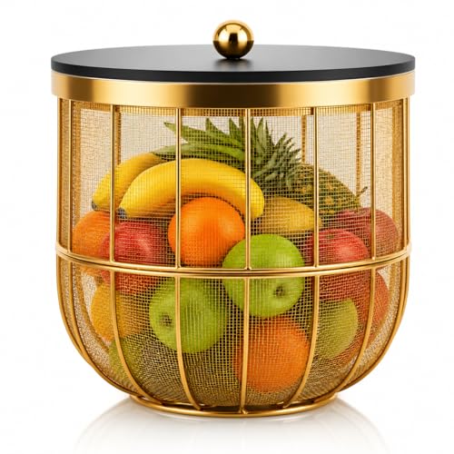 Image of Luxury Gold Metal Fruit Basket with Lid, Modern Wire Mesh Storage Bowl for Kitchen Counter, Decorative Fruit Holder for Dining Table, Rust-Resistant Organizer for Fruits, Vegetables & Snacks