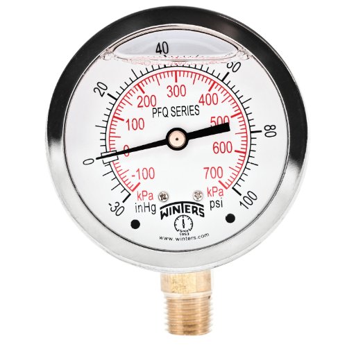 Image of Winters 2-1 /2 inch Dial Size, Liquid Filled Industrial Pressure Gauge, Brass Internals, Stainless Steel Case, Dual Scale 30 inch Hg-0-100 psi /kPa, 1.5% Acc, 1 /4 inch NPT Bottom Mount, Pressure and Vacuum Gauge