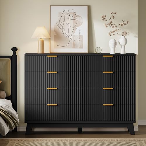Image of BORNOON Fluted 8 Drawer Tall Dresser, 47.2 inch Wide Modern Boho Chest of Drawers, Wooden Storage Dresser TV Stand for Bedroom, Living Room, Closet, Hallway, Curved Profile Design