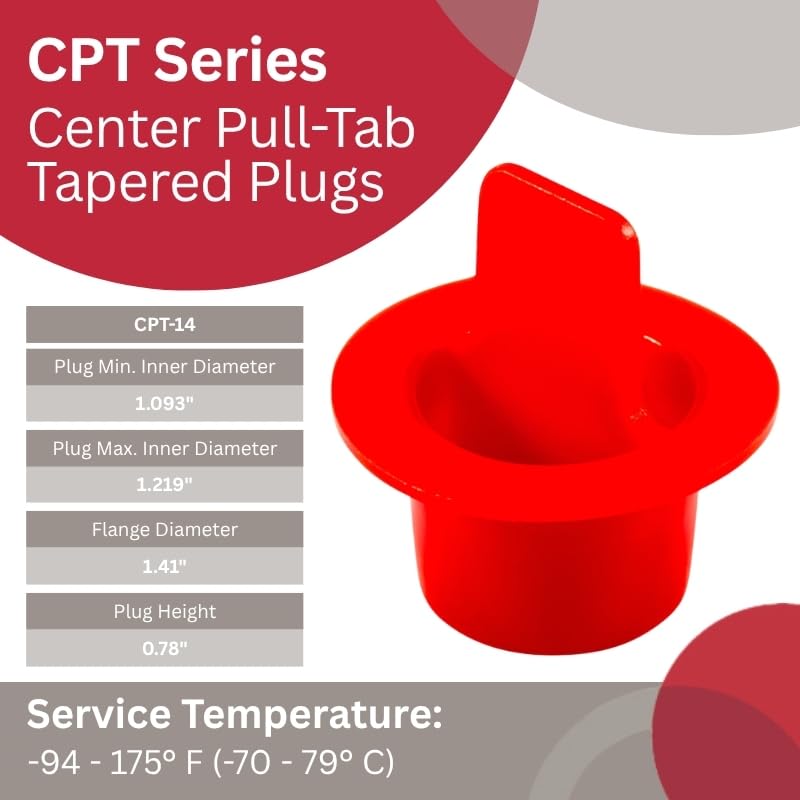 Image of Caplugs CPT-14 CPT Series - Plastic Center Pull-Tab Tapered Plug, 30 Pack, Red LD-PE, Flange OD 1.41 inch x Plug ID 1.219 inch, Hole Protection, Leak Prevention, Masking, Painting, Powder Coating (ZCPT14Q1)