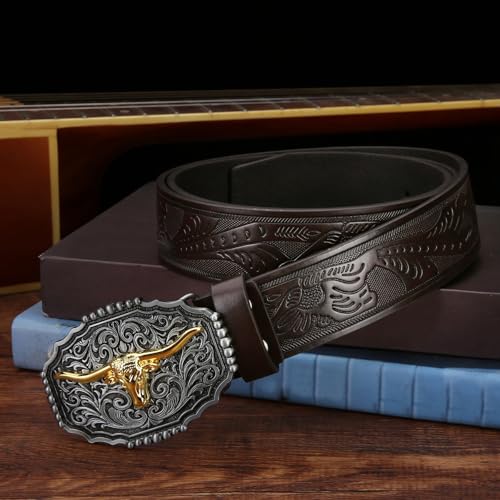 Image of Mens Western Cowboy Cowgirl Faux Leather Belt Longhorn Bull Pattern Letter Big Buckle Embossed Floral Belts