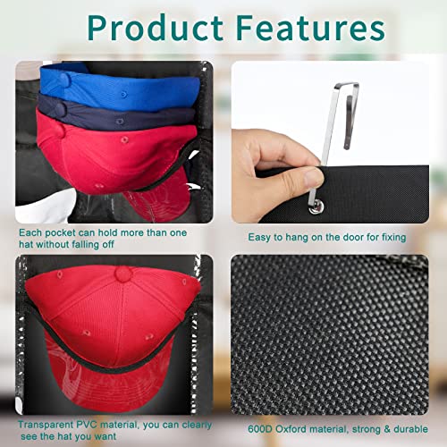 Letohoumia Hat Racks For Baseball Caps, 27 Deep Pockets Hat Organizer For Door, Baseball Caps Over The Door Hat Holder With 3 Hooks, Baseball Hat Organizer For Wall/Closet #TOP3