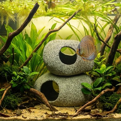 Image of Aquarium Cave Decor - 2 PCS Natural Fish Tank Rocks for Betta Hideout and Shrimp Breeding, Hand-Polished Smooth Edges, PH Neutral, Ideal for 5-20 Gallon Tanks, Aquascaping Stone Ornaments