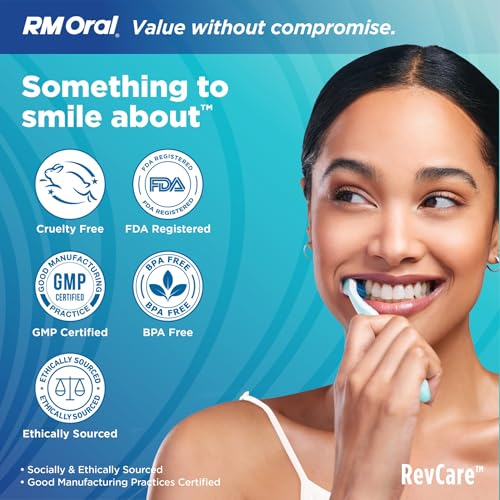 Image of RM Oral RevCare Medium Toothbrush, Circular Power Bristles Power Away Plaque, Tongue & Cheek Cleaner Fights Bad Breath, 4 Count