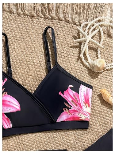 Image of BEAUDRM Girl's 3 Piece Floral Print Halter Triangle Bikini Set Cute Swimsuits with Cover Up Beach Skirt