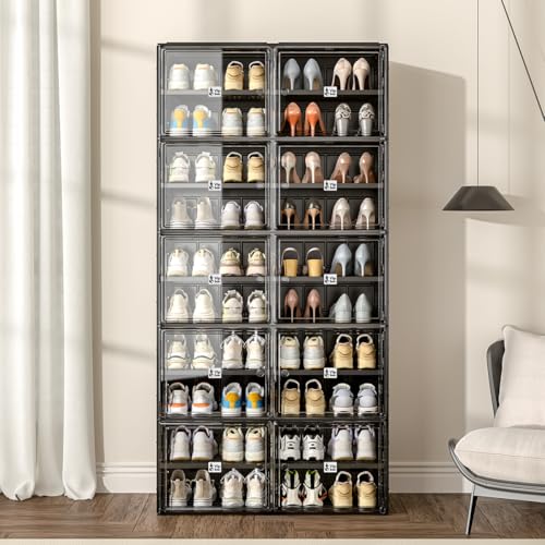 Image of Vipbox Shoe Rack Organizer Cabinet for Closet Entryway,Clear Shoe Storage Boxes Stackable Sneaker Storage with Door Easy Assembly Black Shoe Cabinet with Lids Large 10 Tiers 40 Pairs
