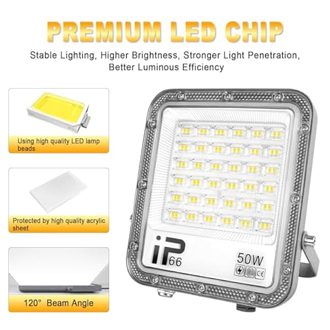Willpower 2PCS Outdoor LED Floodlights 50W 5000LM, LED Security Lights 6000K Cold White LED Work Light IP66 Waterproof for Garden Garage Yard Lawn Court Patio Workshop, 1 M Wire with US Plug