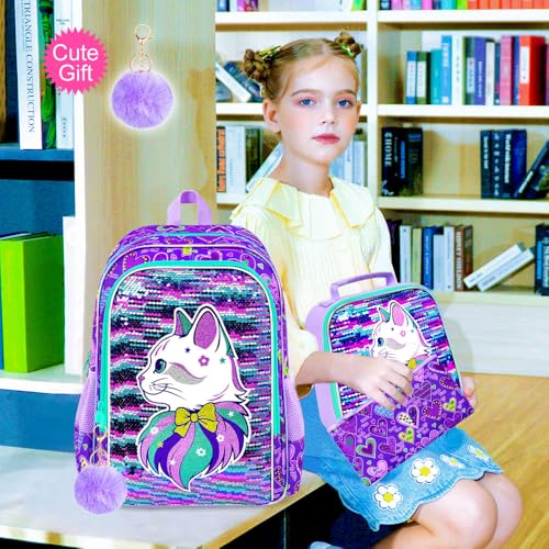 Image of CCJPX 16 inch Cat Backpack for Girls, 3Pcs Kids Sequin Bookbag with Lunch Box, Water Resistant Elementary School Bag for Kindergarten Preschool Toddler (Purple)