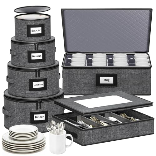 Aokeyee 6-Piece China Storage Containers Set, Hard Shell Moving Boxes for Dishes, Plates, Mugs & Flatware – Dinnerware Organizer with Soft Dividers, Sturdy Handles & Zippers, Grey