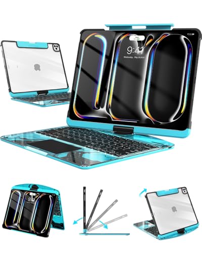 Image of Transparent Keyboard Case for iPad Pro 11 inch (M5 /M4, 2025 /2024) Wireless Keyboard with 7 Colors Backlight, 360 Rotatable Protective Case with Pencil Holder, Multi-Touch Trackpad, Thin & Light, Blue