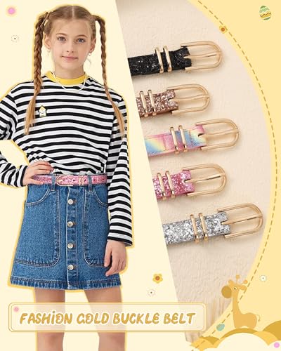 AWAYTR Kids Leather Belts for Girls - 2 Pack Toddler Girls Skinny Leather Belts for Jeans with Gold Buckle3