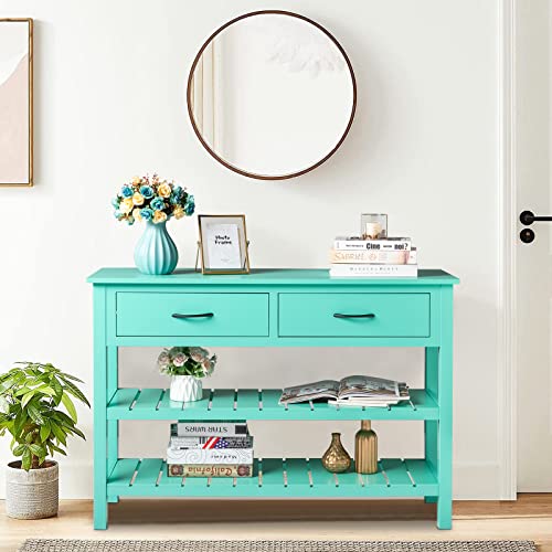 Royard Oaktree Console Table 3-Tier Entryway Table With 2 Drawers And Storage Shelves Modern Narrow Sideboard Sofa Table For Living Room,Entryway,Hallway,Light Blue #TOP1