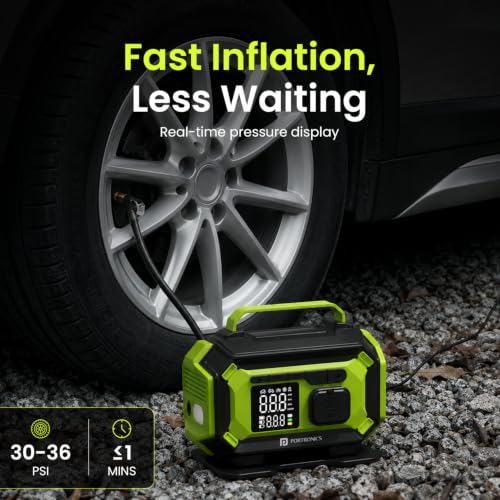 Image of Portronics Vayu Air Pro 5-in-1 Portable Tyre Inflator, Corded & Cordless, Inflate & Deflate, 5W USB Output, 150 PSI, 6000mAh Battery, Auto Shut-Off, LED Display, for Car, Bike & Inflatables (Green)