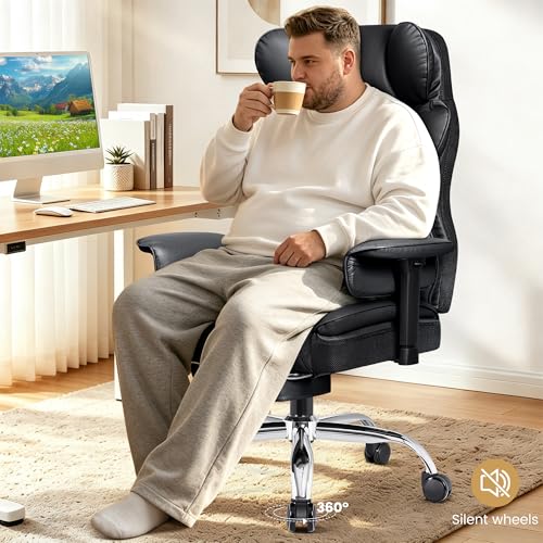 Image of Big & Tall Office Chair, Ergonomic High Back with Footrest Black | 400 LBS Heavy Duty Steel Frame for Plus-Size Users, 23.6 inch Wide Cushioned Seat, 165 Recline, Ajustable Arms, Lumbar Support