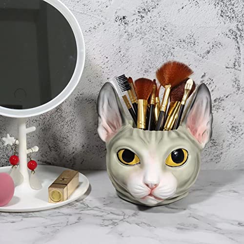 Cute Gray Sphynx Hairless Cat Desk Pen Pencil Holder Pen Cup Makeup Brush Holder Dressing Table Office Desk Organizer Storage Box Plant Pot
