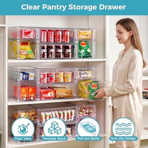 Image of Vtopmart 6 Pack Clear Stackable Storage Drawers,Easy to Assemble Pantry Organizers and Storage with handles,Plastic Drawers for Kitchen Pantry,Cabinet,Under Sink Organization