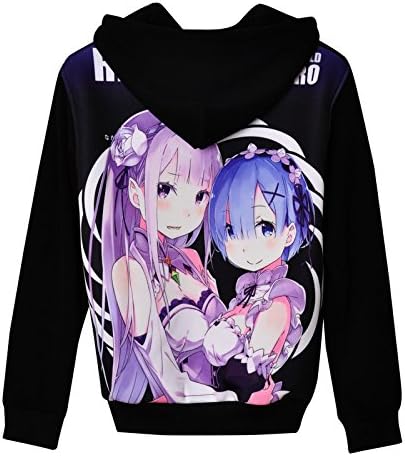Amazon Gmoe エミリアｘレム テーマ 黒パーカー 秋冬スタイルジャケット アニメ風 漫画風 冬スタイルロングシーズン トップス カジュアル オシャレ かわいい アニメ キャラコート スチューム 衣装 ハロウィン 長袖 変装 ゲーム メンズ レディース L コスプレ