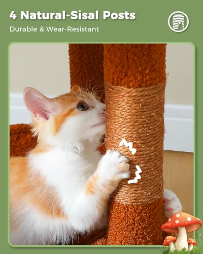 Image of MUTTROS 45.7 inch Mushroom Cat Tree with Metal Hammock, 6 Tiers, Brown | 6-tier shelves, Metal plush hammock, 2-door condo house, Sisal posts, Large top perch, For Small cats