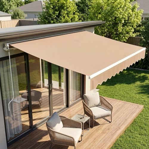 LIFERUN Auvent à Bras articulé 250 x 200 cm, UPF 50+ imperméable, manivelle & Support Mural, Angle réglable 52-75°, pour Terrasse et Balcon, Kaki