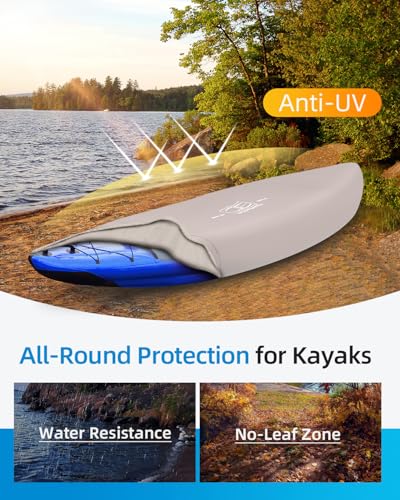 Image of OCEANBROAD Kayak Cover(Non-Fishing) UV&Water-Resistant for Outdoor Storage | 600D Gray with Strap, For 10.8-12ft x 38in, UPF 50+, Water-Resistant, UV-Resistant, Outdoor Storage, Kayak Accessories