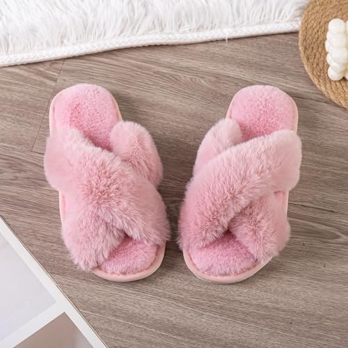 Image of Enteer Women's Slipper Memory Foam Cross Band Fuzzy Slippers Open Toe Cozy House Slippers Cozy Plush Bedroom Indoor Outdoor