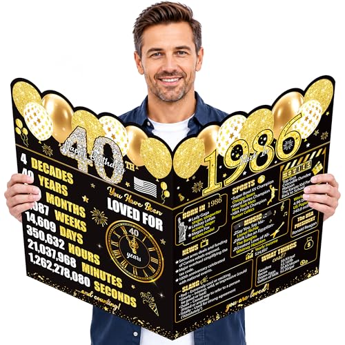 Grande carte d'anniversaire vintage 1986 noir et doré avec enveloppe pour homme et femme