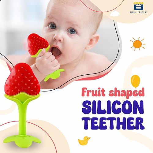 Image of Baby Tree and Fruits Shape Teether Teething | Natural Organic Freezer Safe for Newborn Infant, Babies | Silicone BPA Free | Gum Pain Relief 3D Soother Set (Pack of 1, Strawberry)
