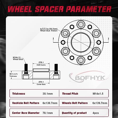 Image of BDFHYK 6x5.5 Wheel Spacers Thickness 1.5 Inch Compatible with Chevy 1999-2021 Silverado 1500 Tahoe Suburban Sierra Savana Yukon, 6x139.7mm 6 Lug M14x1.5 Studs & 78.1mm Hub Bore, Hubcentric Spacers