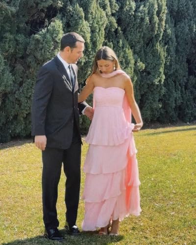 Strapless Bridesmaid Dresses for Womens 2025 Tiered Chiffon Maxi Prom Formal Evening Party Dress with Scarf2