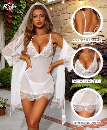 Image of RSLOVE Women Sexy Lingerie Set 3 Piece Babydoll & Lace Kimono Robe Strap Chemise Sleepwear Mesh Nightgown