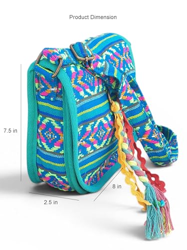 Image of The House of tara Ethnic Handloom Crossbody Sling Bag | Embellished with Tassels and Trims. Flap Closure Snap Button | Multicolour Crossbody Bag for Women | Handmade | Elegant Design