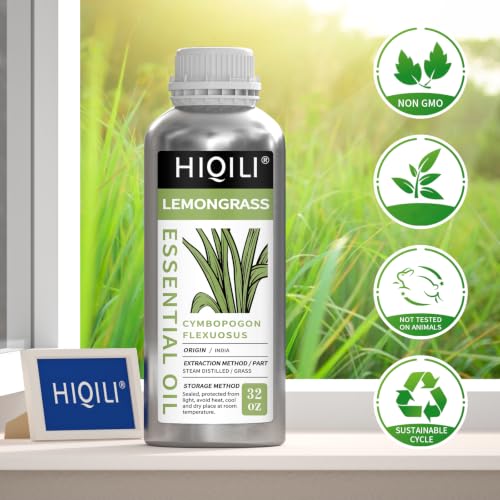 Image of HIQILI Lemongrass Essential Oil Large Capacity for Body Massage | Crisp Herb Scent for Diffuser, DIY Blends, SPA, Scent Spray, Skin Blends, Shampoo & Lotion - 1000 mL / 32 fl oz